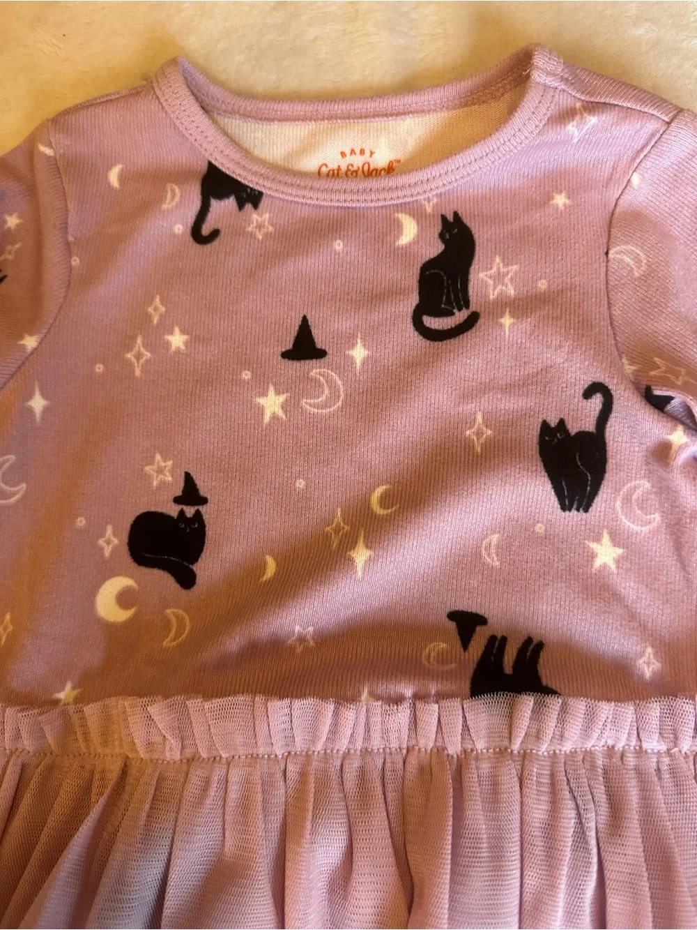 Cat & Jack Purple Long-Sleeve Tulle Skater Dress with Black Cat Print